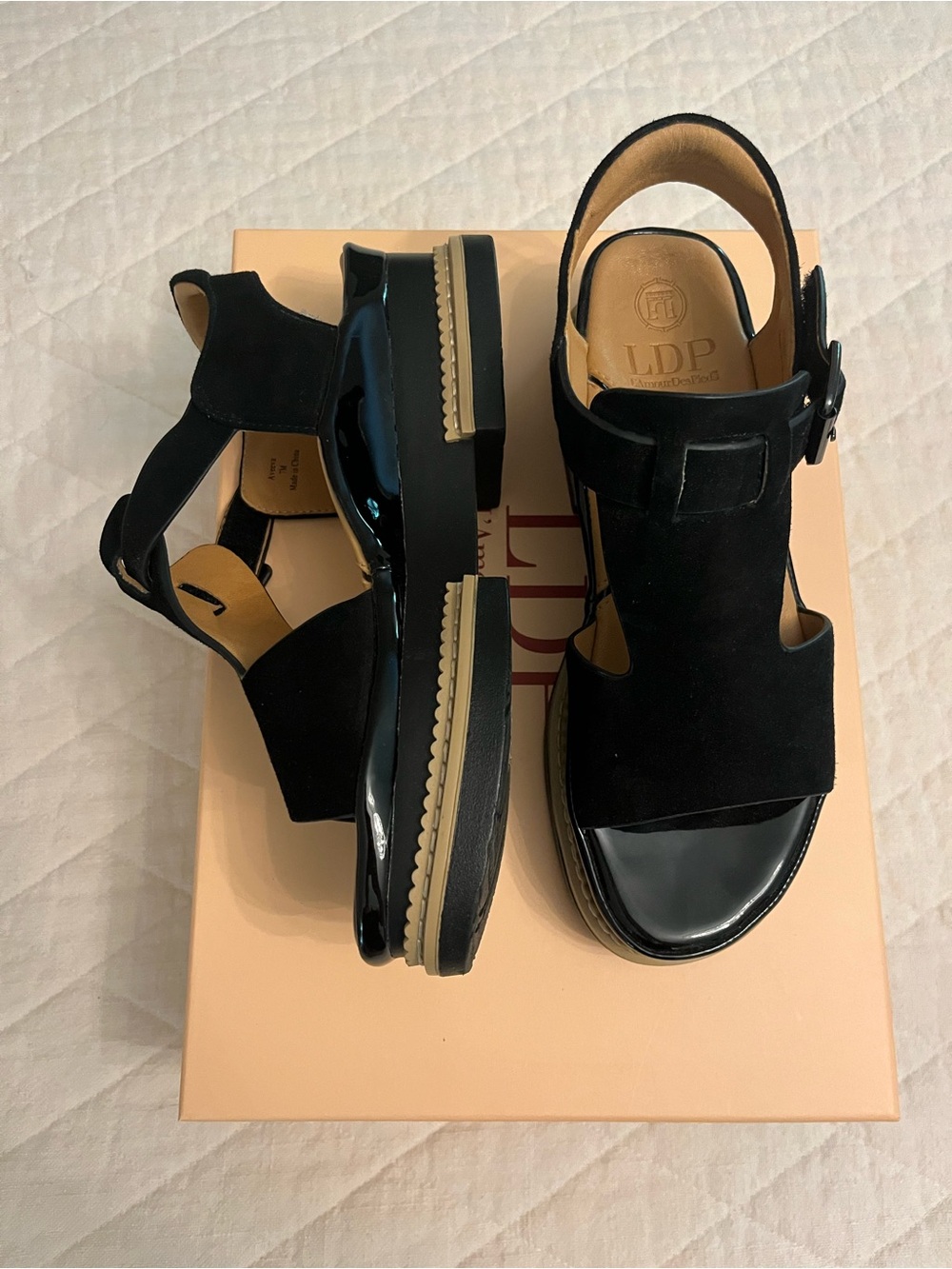 LDP L’AmourDesPieds leather upper Kid-suede Platform Sandals Velcro buckle SZ 7